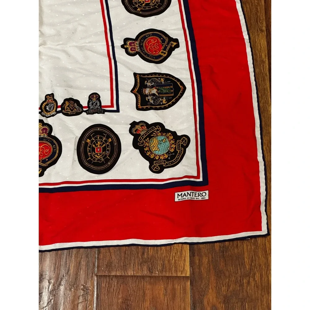 Vintage Mantero Italy 34x34 Heraldic Crest Scarf Red White Blue Square Neck Wrap